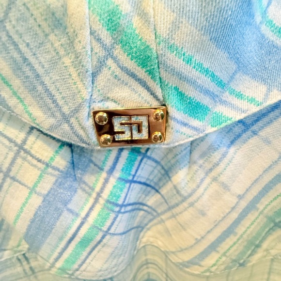 St John Cream/Teal/Blue Watercolor Plaid Gold Zip Jacket Size Large $425 - Picture 6 of 13